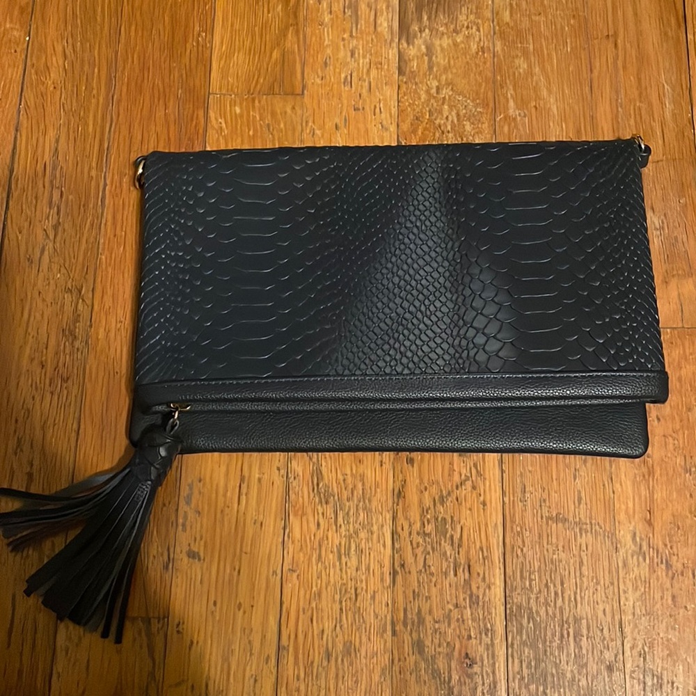Gigi Navy Leather Clutch with Strap New No Tags